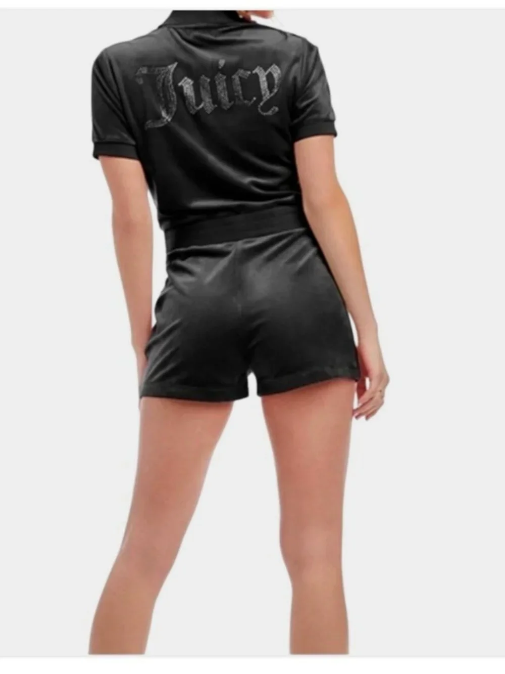 Juicy Couture Velour Romper Bling Spellout Black Liquorice Pockets